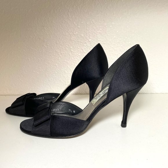 NEW Stuart Weitzman Peep Toe Bow Stiletto D'orsay Satin Sandal Heels 7.5 Black - Picture 2 of 9